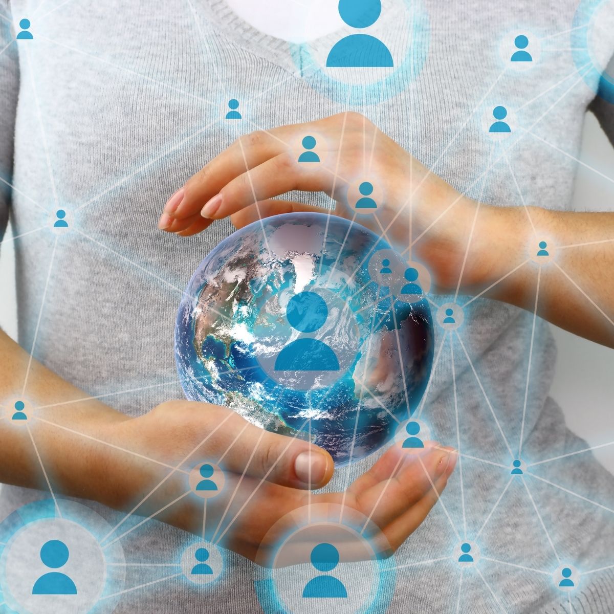 Une planète avec de nombreuses icônes interconnectées. 